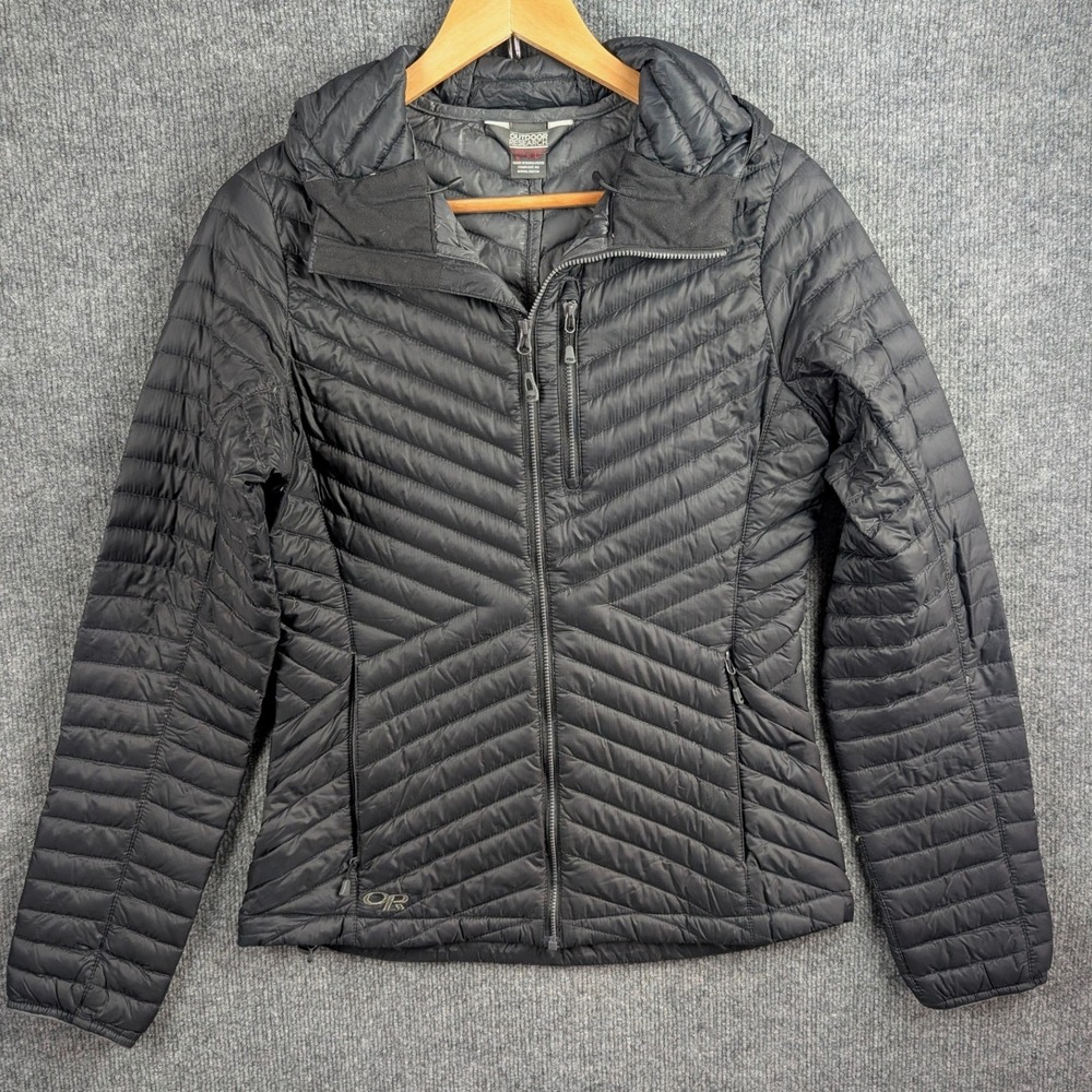 Outdoor Research Down Jacket Womens M Verismo Hooded Black Quilted 650 Fill